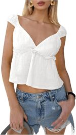 SHENHE Women's Cropped Blouse Sleeveless V Neck Ruffle Hem Peplum Boho Crop Tops