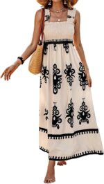 SHENHE Women's Smocked Sleeveless Flowy Tribal Print Summer Boho Vacation Maxi Dress