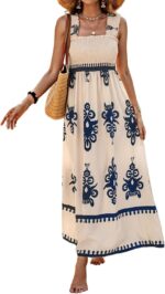 SHENHE Women's Smocked Sleeveless Flowy Tribal Print Summer Boho Vacation Maxi Dress