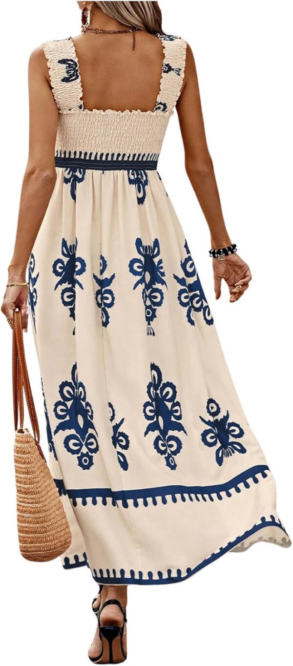 SHENHE Women's Smocked Sleeveless Flowy Tribal Print Summer Boho Vacation Maxi Dress