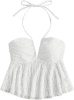 SHENHE Women's Tie Halter Neck Backless Ruffle Hem Sexy Peplum Crop Top Sleeveless Top