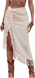 SHENHE Women's Twist Front High Slit Fringe Skirt Asymmetrical Tassel Boho Midi Skirt