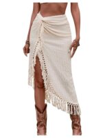 SHENHE Women's Twist Front High Slit Fringe Skirt Asymmetrical Tassel Boho Midi Skirt