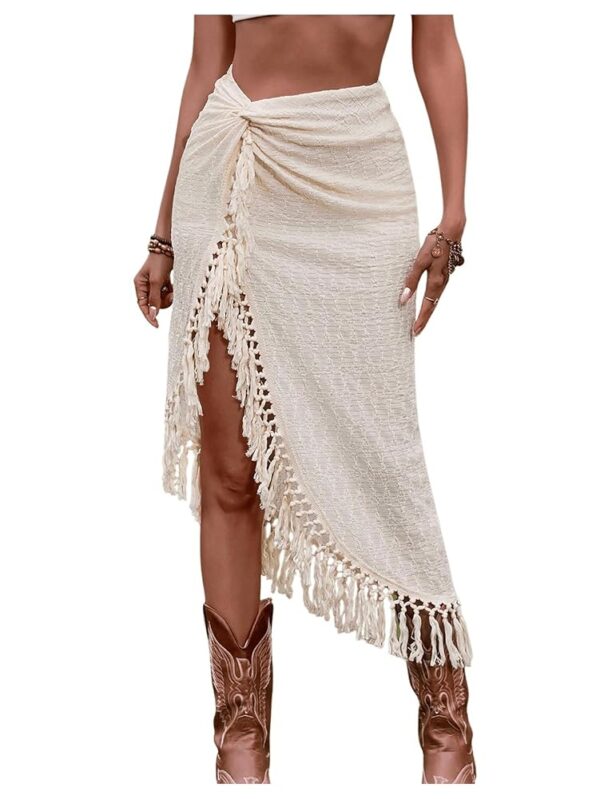 SHENHE Women's Twist Front High Slit Fringe Skirt Asymmetrical Tassel Boho Midi Skirt