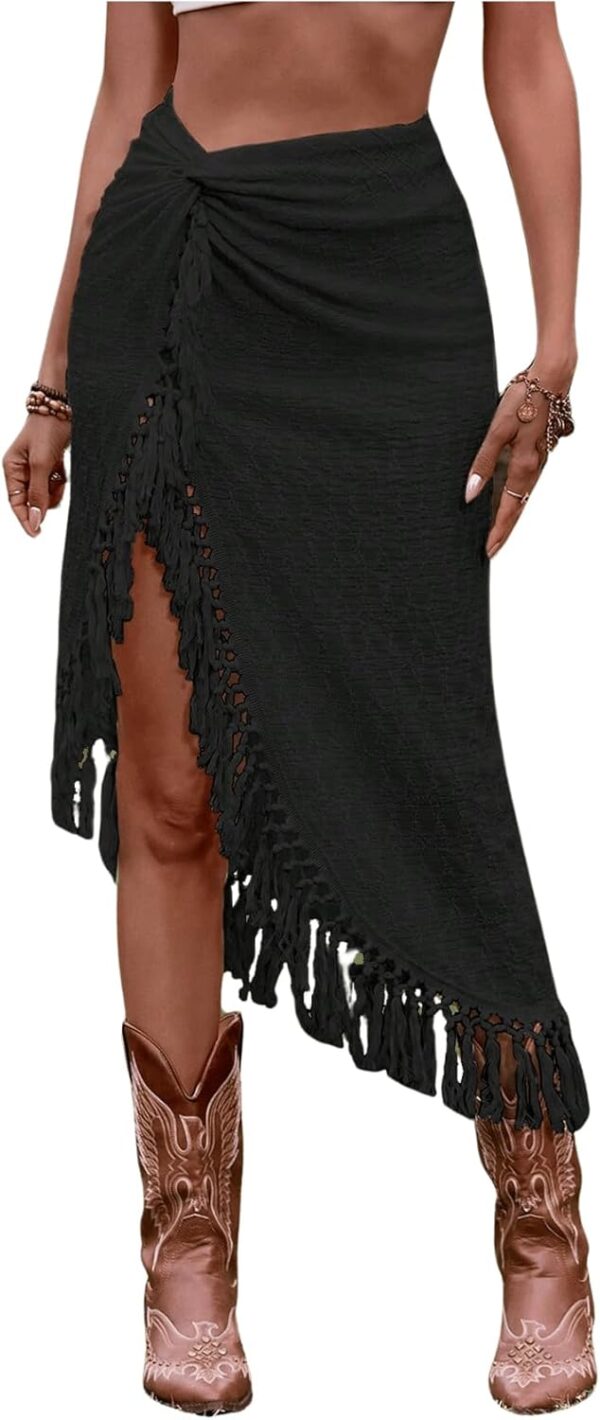 SHENHE Women's Twist Front High Slit Fringe Skirt Asymmetrical Tassel Boho Midi Skirt