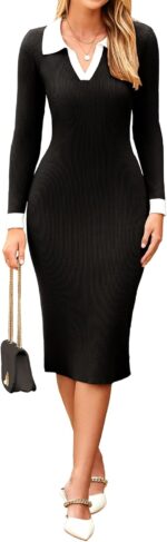 Simplee Womens Long Sleeve Sweater Midi Dress V Neck Casual Slim Fit Bodycon Knit Ribbed Slit Long Dress for Fall Winter