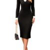 Simplee Womens Long Sleeve Sweater Midi Dress V Neck Casual Slim Fit Bodycon Knit Ribbed Slit Long Dress for Fall Winter