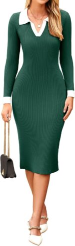 Simplee Womens Long Sleeve Sweater Midi Dress V Neck Casual Slim Fit Bodycon Knit Ribbed Slit Long Dress for Fall Winter