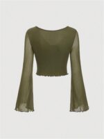 SOLY HUX Women's Long Sleeve Crop Top T Shirts Y2K Sexy Mesh V Neck Tie Front Going Out Tops Fited Tees