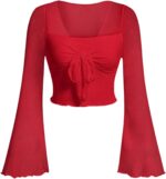 SOLY HUX Women's Long Sleeve Crop Top T Shirts Y2K Sexy Mesh V Neck Tie Front Going Out Tops Fited Tees