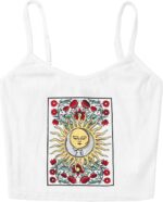 SOLY HUX Women's Spaghetti Strap Floral Sun Graphic Print Ribbed Knit Crop Cami Top