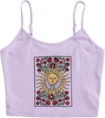 SOLY HUX Women's Spaghetti Strap Floral Sun Graphic Print Ribbed Knit Crop Cami Top