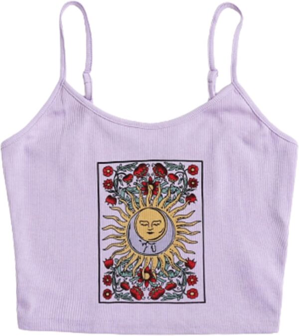 SOLY HUX Women's Spaghetti Strap Floral Sun Graphic Print Ribbed Knit Crop Cami Top