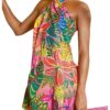 SOLY HUX Women's Tropical Print Crisscross Halter Backless Dress Sleeveless Boho Mini Dresses