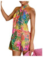 SOLY HUX Women's Tropical Print Crisscross Halter Backless Dress Sleeveless Boho Mini Dresses