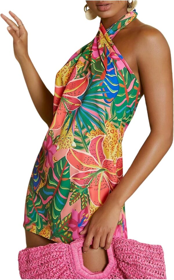 SOLY HUX Women's Tropical Print Crisscross Halter Backless Dress Sleeveless Boho Mini Dresses