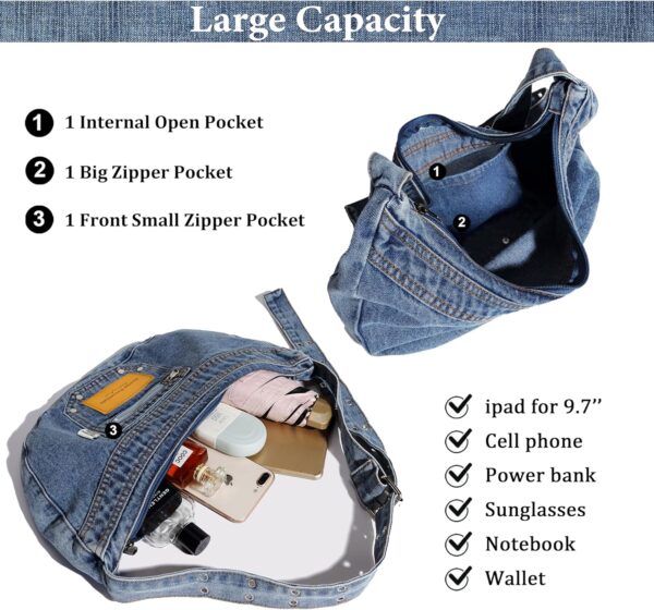 Sunwel Fashion Denim Crescent Bag - Women Casual Shoulder Purse Hobo Bag Crossbody with Adjustable Strap & Dual Pockets