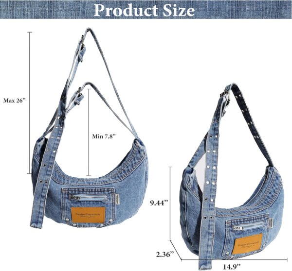 Sunwel Fashion Denim Crescent Bag - Women Casual Shoulder Purse Hobo Bag Crossbody with Adjustable Strap & Dual Pockets