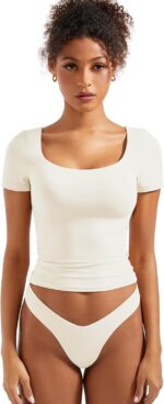 SUUKSESS Women Double Lined Fitted Basic Tee Scoop Neck Short Sleeve Y2K Crop Top