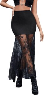 SweatyRocks Women's High Waisted Floral Lace Sheer Mesh Mermaid Maxi Skirt