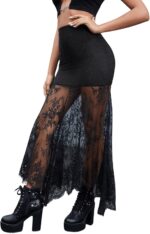 SweatyRocks Women's High Waisted Floral Lace Sheer Mesh Mermaid Maxi Skirt