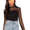 SweatyRocks Women's Mock Neck Long Sleeve Mesh Insert Elegant Blouse Tops