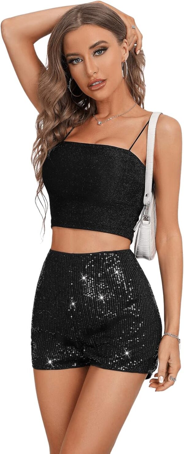 SweatyRocks Women's Sequins High Elastic Waist Straight Leg Shorts Solid Glitter Party Shorts