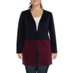 Tahari ASL Womens Navy Colorblock Midi Collarless Blazer Jacket Plus 2 BHFO 6415