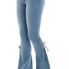 TKMUNY Women's Lace-up Bell Bottom Denim Pants Mid Waist Stretchy Flare Juniors Jeans Trouser Leggings