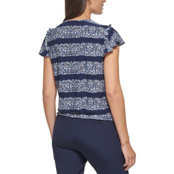 Tommy Hilfiger Womens Navy Floral Print Flutter Sleeve V-Neck Blouse L BHFO 8345