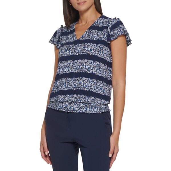 Tommy Hilfiger Womens Navy Floral Print Flutter Sleeve V-Neck Blouse L BHFO 8345