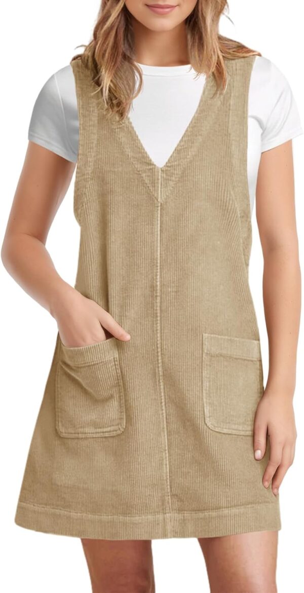 Tongmingyun Womens Corduroy Pinafore Overall Dress Casual Sleeveless V Neck Tank A Line Jumper Mini Dress