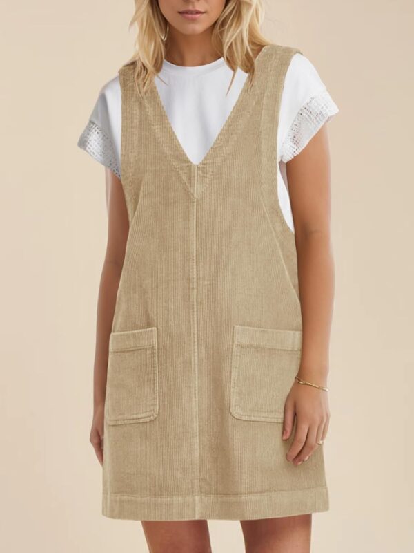 Tongmingyun Womens Corduroy Pinafore Overall Dress Casual Sleeveless V Neck Tank A Line Jumper Mini Dress