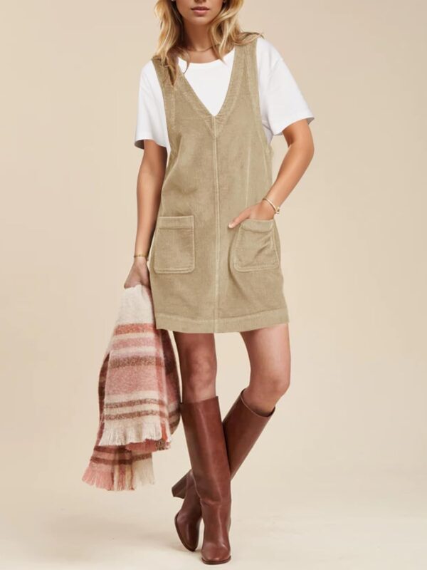 Tongmingyun Womens Corduroy Pinafore Overall Dress Casual Sleeveless V Neck Tank A Line Jumper Mini Dress