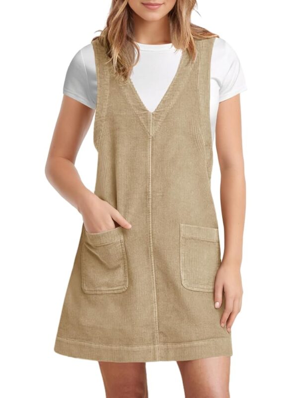 Tongmingyun Womens Corduroy Pinafore Overall Dress Casual Sleeveless V Neck Tank A Line Jumper Mini Dress