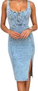 utcoco Denim Dress for Women Sleeveless Side Slit Bodycon Midi Jean Dresses for Women 2024