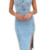 utcoco Denim Dress for Women Sleeveless Side Slit Bodycon Midi Jean Dresses for Women 2024