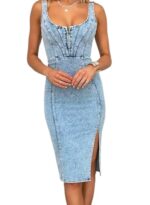 utcoco Denim Dress for Women Sleeveless Side Slit Bodycon Midi Jean Dresses for Women 2024