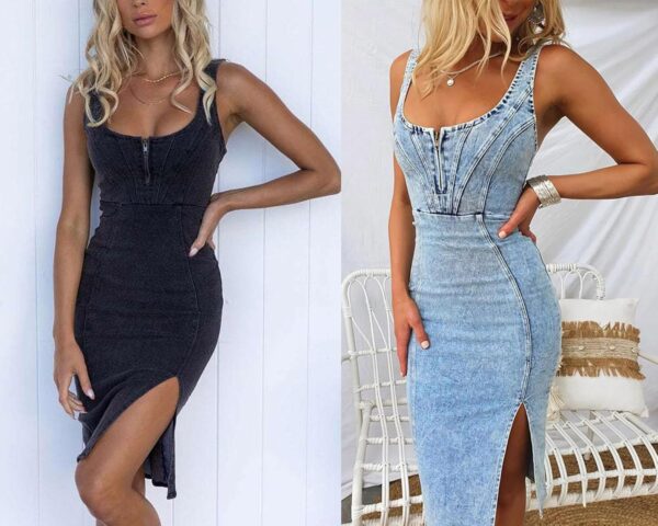 utcoco Denim Dress for Women Sleeveless Side Slit Bodycon Midi Jean Dresses for Women 2024