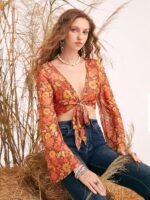 Verdusa Women's Boho 70s Tops Tie Front Bell Long Sleeve Floral Print Mesh Sheer Blouse Crop Tops