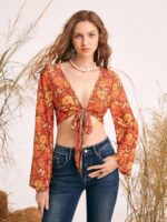 Verdusa Women's Boho 70s Tops Tie Front Bell Long Sleeve Floral Print Mesh Sheer Blouse Crop Tops