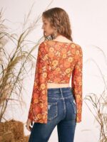 Verdusa Women's Boho 70s Tops Tie Front Bell Long Sleeve Floral Print Mesh Sheer Blouse Crop Tops