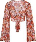 Verdusa Women's Boho 70s Tops Tie Front Bell Long Sleeve Floral Print Mesh Sheer Blouse Crop Tops