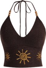 Verdusa Women's Crop Halter Tops Y2k Goth Clothes Crochet Cami Sleeveless Tie Backless Boho Knit Top Camisole