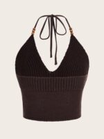 Verdusa Women's Crop Halter Tops Y2k Goth Clothes Crochet Cami Sleeveless Tie Backless Boho Knit Top Camisole