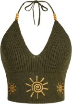 Verdusa Women's Crop Halter Tops Y2k Goth Clothes Crochet Cami Sleeveless Tie Backless Boho Knit Top Camisole