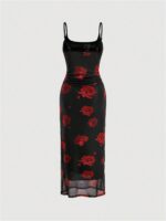 Verdusa Women's Floral Print Mesh Lettuce Trim Sleeveless Bodycon Long Cami Dress