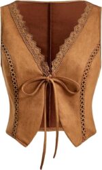 Verdusa Women's Lace Trim Tie Front V Neck Vest Western Cowgirl Sleeveless Jacket