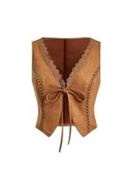 Verdusa Women's Lace Trim Tie Front V Neck Vest Western Cowgirl Sleeveless Jacket