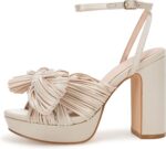 VETASTE Women's Pleated Bow Knot Platform Heeled Sandals Open Toe Chunky Block Heel Ankle Buckle Strap Bridal Wedding Dress Shoes